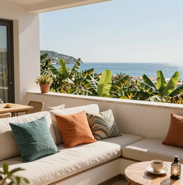 A bright, inviting modern apartment terrace in Gazipasa with colorful pillows, overlooking banana plantations and the sea, sunny day, warm welcoming style, real estate and travel tourism vibe.