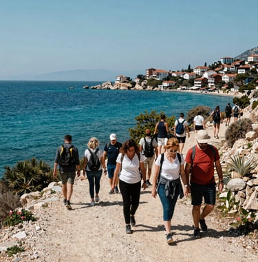 Wide shot of a group of tourists and locals hiking along a scenic coastal trail in Gazipasa overlooking the turquoise Mediterranean Sea, bright sunny sky, Turkish Riviera / European expat and tourist community activity.