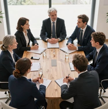 High-angle shot of a group of professionals in suits discussing around a large wooden table in a bright, modern room. Professional but warm atmosphere. European / French.