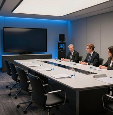 A sleek, modern technological setup for a corporate conference in a high-end Parisian venue. Muted blue lighting accents and professional equipment integrated into an elegant setting. European / French.