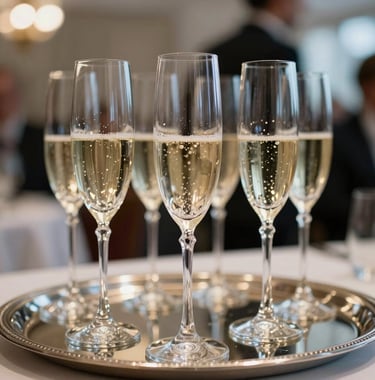 Artistic close-up of crystal champagne flutes on a silver tray at a corporate reception. Background is softly blurred with lights reflecting elegance. European / French.