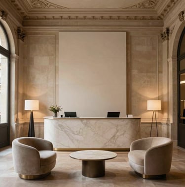 An elegant, minimalist reception area in a historic Haussmann-style building in Paris, featuring modern furniture and soft warm lighting for a professional event, European / French.