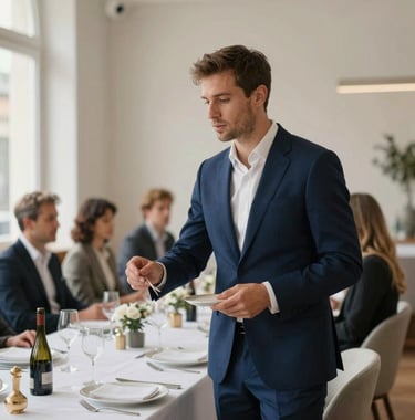 A professional event coordinator in a sharp dark blue suit orchestrating a premium corporate gathering in a minimalist Parisian venue, soft natural light, European / French.