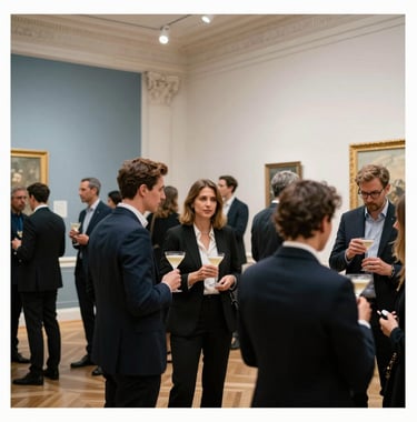 A refined cocktail reception in a historic Parisian gallery. Guests are dressed in business formal attire, enjoying a sophisticated atmosphere with muted blue and off-white decor elements. European / French.