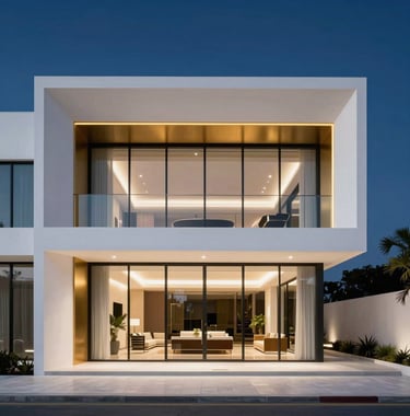 Professional architectural photograph of a minimalist luxury villa facade in Netanya, Israel. Clean white lines, large glass panels, and elegant gold accents against a deep navy twilight sky. The setting is exclusive and sophisticated, reflecting private banking standards.