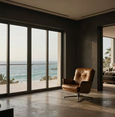 Interior shot of a high-end private property viewing room in Netanya. Dark walls, a single leather chair, and floor-to-ceiling windows showing the Mediterranean coast. Lighting is subtle and gold-toned, emphasizing a discreet and prestigious environment.
