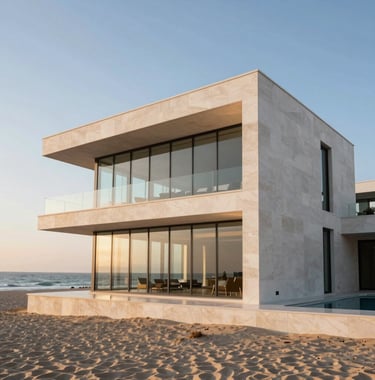 A luxury beachfront villa in Netanya with modern glass architecture and sleek white stone walls at sunset.