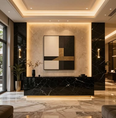 The elegant lobby of an exclusive residential building in Netanya, featuring black marble, warm gold lighting, and minimalist art. Middle Eastern / Israeli luxury style.