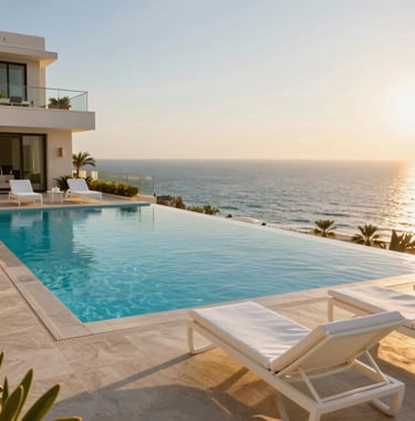 A private infinity pool on the high-floor balcony of a high-end Israeli penthouse in Netanya, overlooking the Mediterranean sea. Golden hour lighting, white lounge chairs, luxurious and tranquil mood.