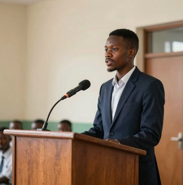 A photograph showing a West African student confidently speaking at a podium during a school leadership event. The background is a clean, structured school hall. The student looks capable and prepared.