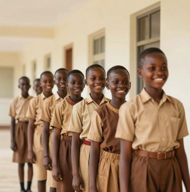 A group of West African / Nigerian primary school students standing in a structured line in a bright, modern hallway with cream-colored walls. They are smiling and look confident, wearing neat school uniforms in tan and brown tones.