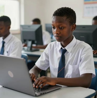 A close-up shot of a West African / Nigerian student in a secondary school uniform using a laptop in a brightly lit, organized computer lab. The setting is modern and clean, emphasizing digital literacy and future skills.