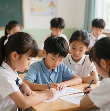 A bright classroom setting where a group of young primary students are working together on a collaborative project. Clean, professional, and warm aesthetic.