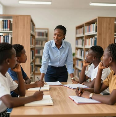 A high-quality photo of a teacher in Nigeria mentoring a group of students in a modern, calm library. The focus is on communication and thinking, with students engaged in a structured academic discussion.