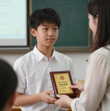 Close-up of a student receiving an award from a teacher in a formal school setting. Focus on the pride and academic achievement.