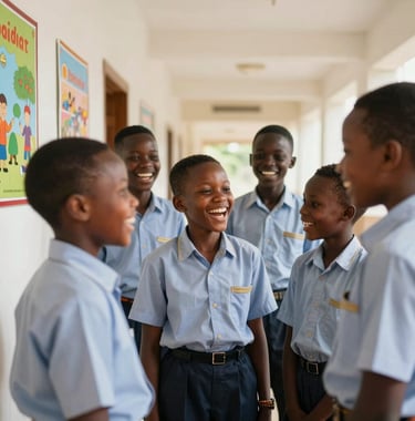 A candid photograph of several West African primary students laughing together in a bright, modern hallway decorated with educational posters. They are wearing neat uniforms with gold accents.