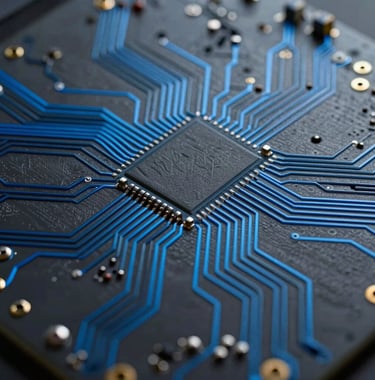 Detailed view of sophisticated circuit board patterns with electric blue current lines, minimalist industrial style, dark grey background.