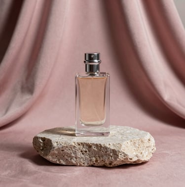 Minimalist photography of a single glass perfume bottle on a heavy stone pedestal, surrounded by soft shadows and a backdrop of dusty rose silk. Elegant and high-end aesthetic.
