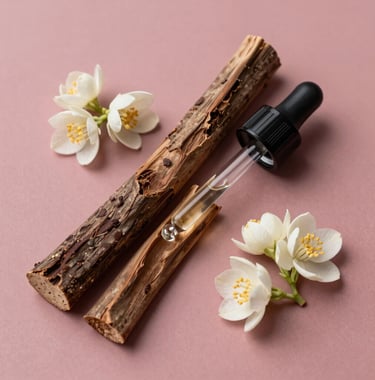 A stylized flat lay of high-end perfume ingredients including sandalwood bark, jasmine flowers, and a glass pipette on a dusty rose background.