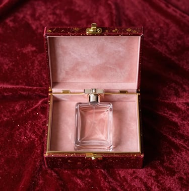 Top-down view of an open luxury perfume box on a velvet cloth, gold foil details, deep crimson red and dusty rose colors, opulent and exclusive presentation, European / French design.