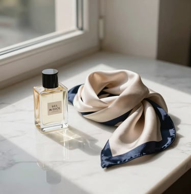 A minimalist setup on a white marble surface featuring a perfume bottle next to a silk scarf, soft afternoon sunlight coming through a window, European boutique aesthetic.