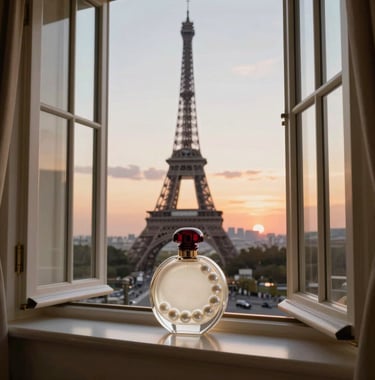 A luxury lifestyle photograph of an open window overlooking the Eiffel Tower at sunset, with a perfume bottle resting on the windowsill, warm pearl white and garnet tones.