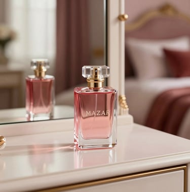 Elegant lifestyle shot of a Mazar perfume bottle on a vanity table, reflecting in a mirror, warm morning light, dusty rose and crimson red palette, European / French luxury bedroom.