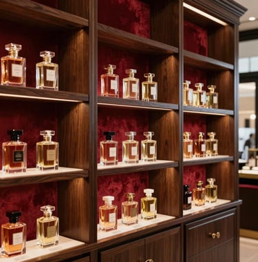 Interior shot of a sophisticated French perfume boutique with dark wood shelving, velvet accents in deep red, and golden ambient lighting reflecting off glass bottles.