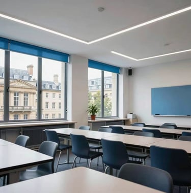 Interior photography of a modern, high-tech classroom in a British city like London or Oxford. Large windows showing a glimpse of historic architecture outside, bright and professional atmosphere, clean lines and Sky Blue accents.