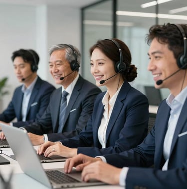 A professional success team photograph showing a group of friendly advisors in a modern office environment with headsets, looking helpful and collaborative, with navy blue and pale silver grey accents in the workspace.