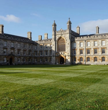A high-quality photo of a historic university campus in Ireland with lush green lawns and stone architecture, captured in crisp daylight to reflect a premium educational setting.