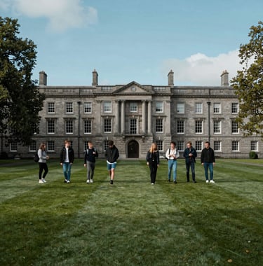 Professional photography of a lush green campus in Dublin, Ireland, during a clear day. Historic university buildings in the background with a group of international students, conveying a sense of academic excellence and safe exploration. Muted Steel and Deep Charcoal Teal tones.