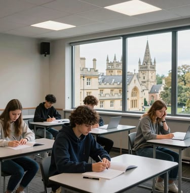 A clean, modern classroom setting in Oxford, featuring students engaged in a lesson with a view of historic spires through a large window, emphasizing academic excellence.