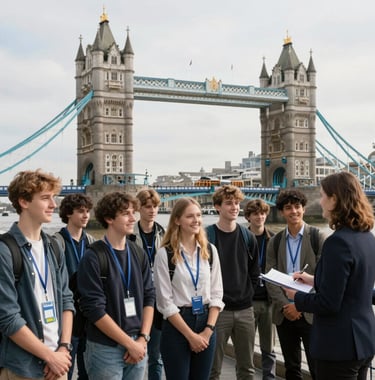 A professional wide-angle shot of a group of teenagers and a coordinator smiling in front of Tower Bridge in London, bright daylight, candid and high-quality photography.