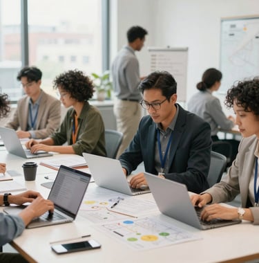 An image of a collaborative workspace in a US city where diverse professional individuals are working on community planning, bright and clean composition.