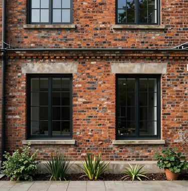 Exterior facade of a renovated traditional brick house. The old brick is restored and paired with modern black metal window frames and a minimalist garden.