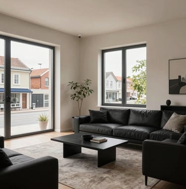 Interior view of a modern living room after renovation. Scandinavian design, light beige walls, black minimalist furniture, large windows overlooking a Baltic street. High-end real estate photography.