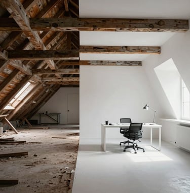 A split-view style photo. On the left, a neglected attic with dust and old beams. On the right, the same attic transformed into a bright, modern loft office with white walls.