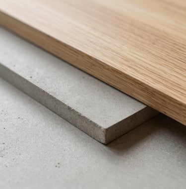 Macro shot of high-quality architectural materials, a mix of light oak wood and polished concrete. Soft natural light, minimalist aesthetic, professional photography in Lithuania.