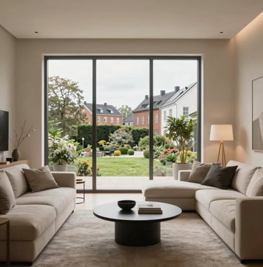 Interior shot of a modern Scandinavian living room after renovation. Soft beige walls, minimalist furniture, large windows showing a Northern European city garden, serene atmosphere.