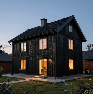 Exterior shot of a modernized traditional Baltic house at twilight, combining dark wood cladding with warm interior light spilling out onto a minimalist patio.