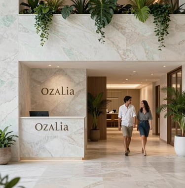 Interior shot of the Ozalia project, showcasing a luxury lobby area. The design incorporates natural stone, pale mint white textures, and subtle deep sea green foliage. A North American / Mexican (Yucatán) couple is seen walking in the distance, portraying an atmosphere of calm and secure investment.
