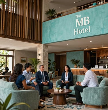 Interior of The MB Hotel lobby in Mérida, Yucatán. Luxury design featuring high ceilings, tropical wood elements, and soft turquoise fabrics. A group of North American / Mexican (Yucatán) professionals conversing in the lounge.