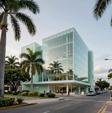 An upscale street view of the Temozón area in Mérida, North American / Mexican (Yucatán), featuring a new medical plaza with modern glass architecture and lush tropical green areas in Soft Seafoam.