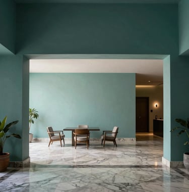 The sleek lobby of The MB Hotel in Mérida, North American / Mexican (Yucatán), featuring minimalist design, marble floors, and accents in Soft Seafoam and Deep Dark Teal.