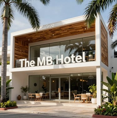 Wide shot of 'The MB Hotel' exterior, showing a blend of modern white steel and glass with tropical wood details. The lighting is bright and airy. The setting is a lush, landscaped area typical of North American / Mexican (Yucatán), highlighting its boutique tourism appeal.