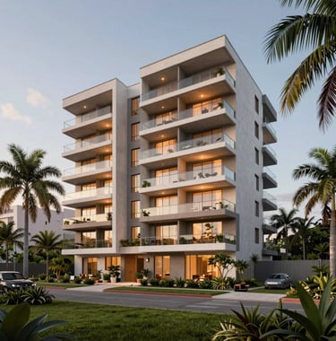 Modern residential development Ozalia in North Mérida, Yucatán. Contemporary luxury apartments surrounded by lush tropical landscaping. The lighting is early evening with soft amber glows from the windows.