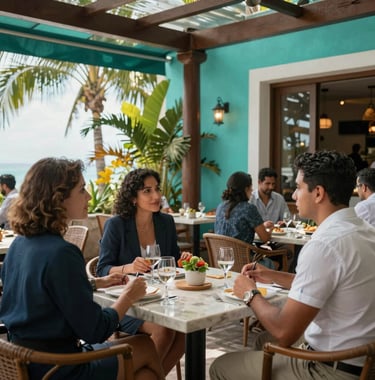 A high-end restaurant terrace in Mérida, North American / Mexican (Yucatán), where investors and professionals meet. The setting is tropical and sophisticated with Ocean Teal decor.