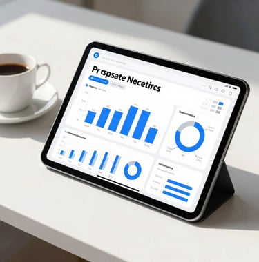 A high-resolution shot of a tablet computer resting on a white desk next to a coffee cup in a sunlit office. The screen shows a professional data analytics application with clean typography and blue charts, representing modern app development.