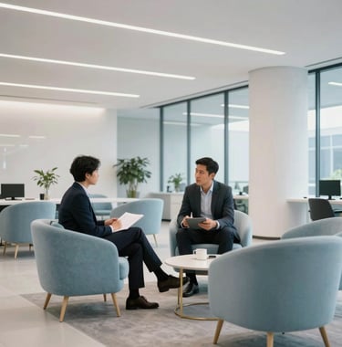 Photography of a modern office lounge in a North American tech hub. High ceilings and minimalist furniture in light blue and white colors. Two professionals are engaged in a confident discussion in the background, conveying a client-centric approach and high-quality service.